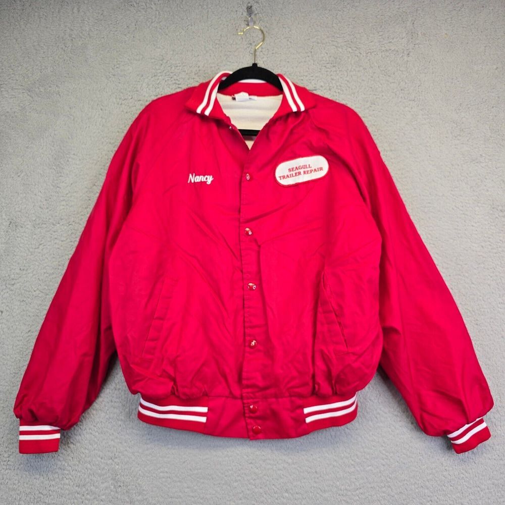 Vintage Satin Jacket Women's M Red Seagull‎ Trailer Repair Nancy Business Retro